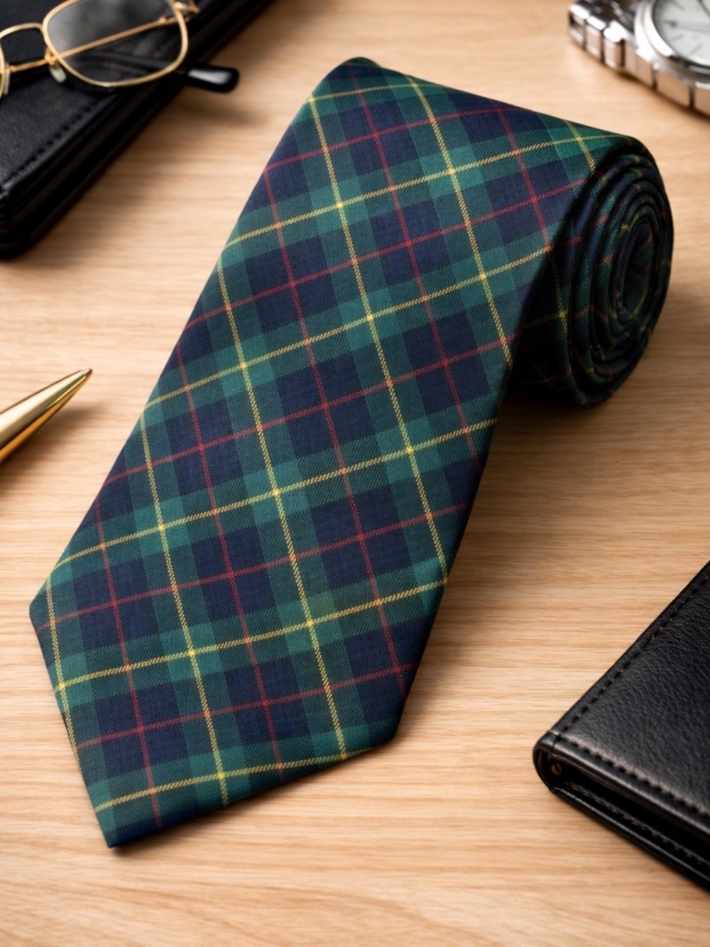 Paul Fredrick Tie Green Red Yellow Plaid Tartan Tie 100% Silk